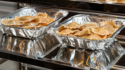 Freshly prepared ravioli in foil containers stacked on a shelf, ready for catering or restaurant service.