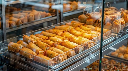 crispy fried chicken rolls in bakery in glassy plate in shop  