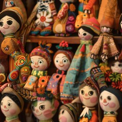 Fototapeta premium An artistic arrangement of charming folk dolls, each with distinct facial expressions and costumes, showcased under warm ambient lighting to create a welcoming atmosphere