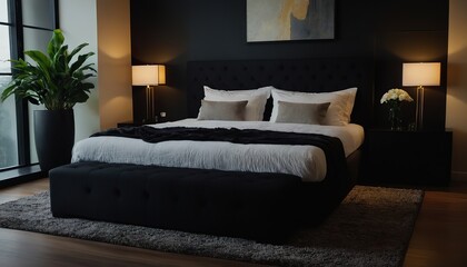 Fototapeta premium bed interior room with potted plant on black background
