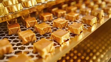 Fototapeta premium Individually wrapped square caramel candies move along a conveyor belt during automated confectionary production for sweets marketing.