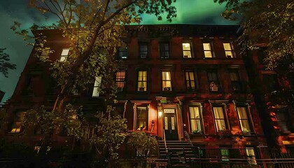 A village townhome at night with lights on the side of it