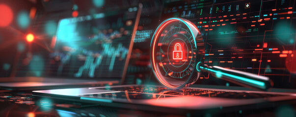 Visual Guide to Corporate Laptop Security: Analyzing Antivirus and Phishing Malware Detection with Infographic Charts and Magnifier Lens