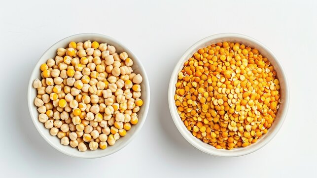 Toor dal and split chickpea displayed separately on white background