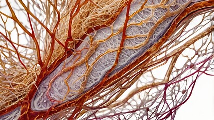 Illustrate a vivid scene of blood cells flowing through a capillary, with white blood cells attacking a pathogen, set in a richly detailed biological landscape.