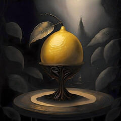 Twilight Enchantment Lemon in cup,  surrealist, vintage, film noir, dark, poster,
