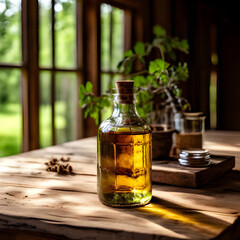 Castor Oil in glass bottle in rustic farmhouse