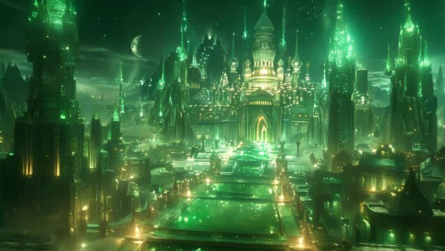 As you approach the city gates the roads beneath your feet are paved with sparkling emeralds creating a dazzling path towards the grand palace at the center.