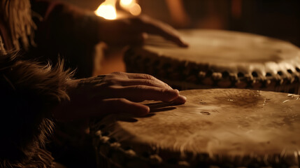 Skin drums in low light, a setting that could be associated with a viking or pagan fire ritual