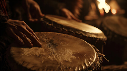Hand is shown playing a drum, with other drums and firelight in the background The scene likely depicts a pagan ritual with traditional viking elements