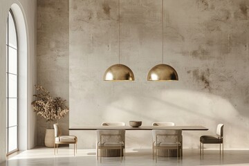 Modern dining room interior design: Minimalist style with brass pendant lights against beige stucco wall for a sleek and elegant ambiance