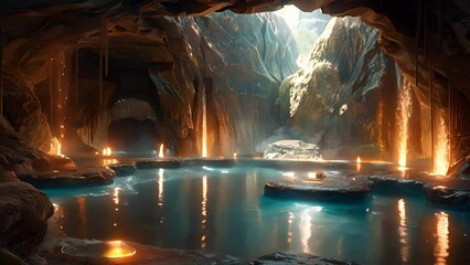 A network of underground hot springs their waters bubbling with the glow of minerals creating a warm and tranquil atmosphere.