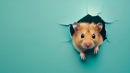 Cute hamster peeking out of a hole teal background