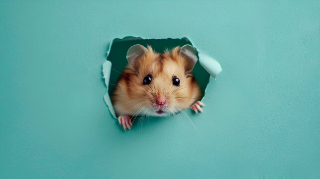 Cute hamster peeking out of a hole teal background