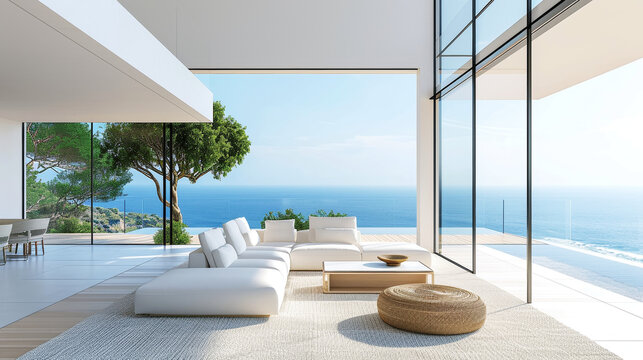 Fototapeta modern living room interior with large windows offering a sea view in luxury home or apartment. big living room minimalist Mediterranean interior to sea view hight summertime