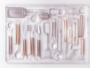 Outline a Clear Pastry Chef Tool Kit Against a Stark White Background