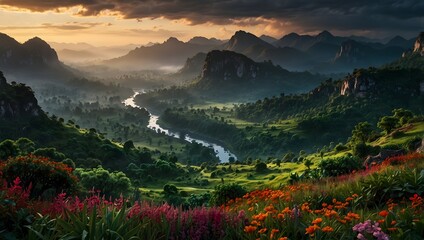 A world where humans have never existed, and describe the flourishing beauty of untouched nature in vivid detail  ai_generated