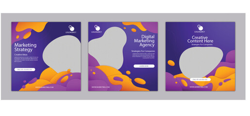 Business webinar conference social media post template collection. Modern square banner with city illustration and place for the photo. Usable for social media, banners, and websites