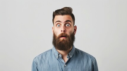 Fototapeta premium Surprised man with blue shirt looking at camera in a business meeting environment