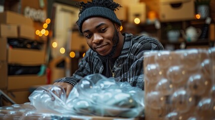 Black Male Student Organizing Boxes for Moving