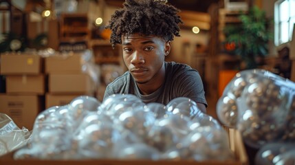 Black Student Packing Items in Warehouse Setting