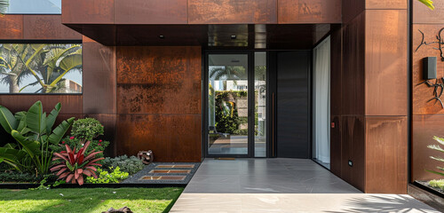 Side low angle of a modern luxury suburban house with deep bronze walls and sleek glass doors, highlighted by a contemporary front garden with decorative elements.
