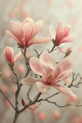 Obraz premium Beautiful magnolia blossoms with a soft beige blurred background. 