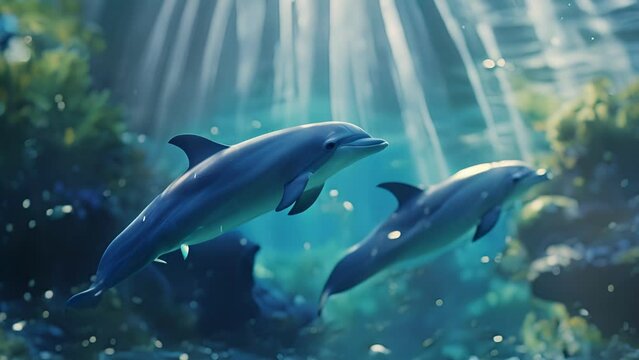 A holographic lesson on ocean life with marine animals swimming and interacting with the children.