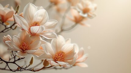 Beautiful magnolia blossoms with a soft beige blurred background. 