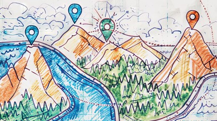 Clean line sketch of a map with destination markers, representing travel planning and exploration.