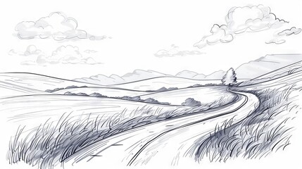 Fototapeta premium Clean line sketch of a road winding through scenic countryside, representing road trips and adventure.