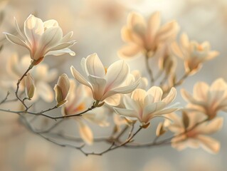 Beautiful magnolia blossoms with a soft beige blurred background. 