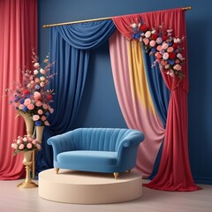 3D clean on the stag chair satcurtain. Beauty, cosmetic jewelry product presentation stand. Luxury feminine mockup
