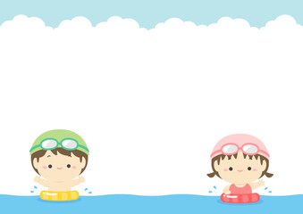 夏のイラスト、海で遊ぶかわいい子供たちと青空と入道雲のコピースペースのあるベクターイラスト素材08