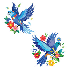 blue and yellow macaw,a Bourkes Parrot flies icon vector cartoon pine colors blue flowers , white background