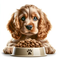 "Puppies Cocker Spaniels eating their food in their food bowl"