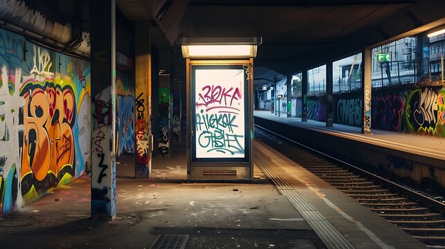 Railway underpass with graffiti and a small vertical street poster billboard, urban setting.