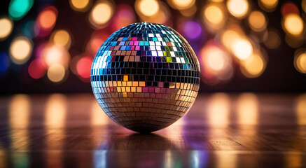 Obraz premium A disco ball with colorful lights and reflection in the dance floor background with nokeh blur and copy space, house or club party concept 
