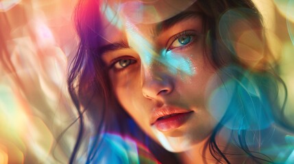 Fototapeta premium Soft focus accentuating the dreamy quality of a woman's expression against a backdrop of shifting colors, Generative AI