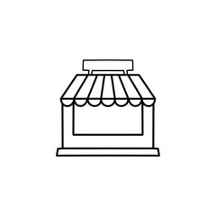 Market shop line icon. Kiosk, store, retail graphic pictograph. Street food concept linear label. Contour logo commercial market place. Vector illustration isolated on white