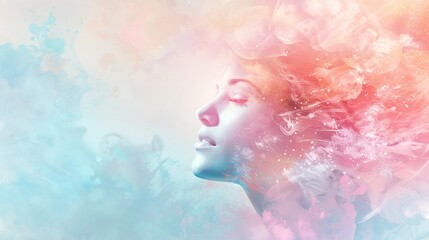 Fototapeta premium Soft pastel hues surrounding a whimsical woman, with empty space behind her allowing for versatile use in designs, Generative AI