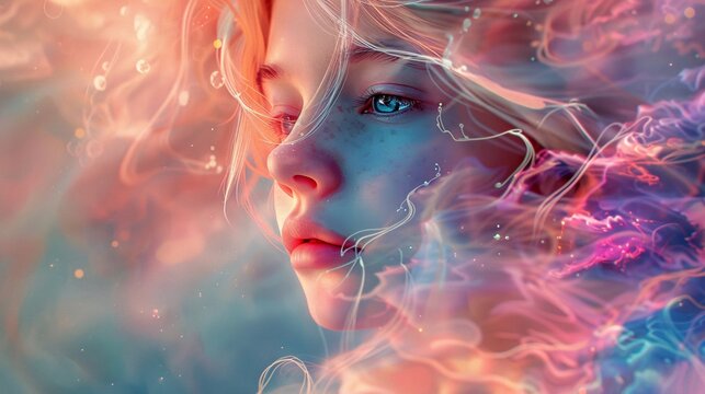 The ethereal charm of a cute woman lost in daydreams, her gaze wandering amidst empty space and a canvas of softly changing isolated colors, Generative AI