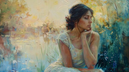 The timeless elegance of a contemplative woman lost in thought, surrounded by a palette of serene, tranquil colors, Generative AI