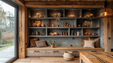 The photo shows a beautiful rustic living room with a large wooden bookshelf