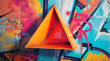 Colorful graffiti wall, triangle card mockup.