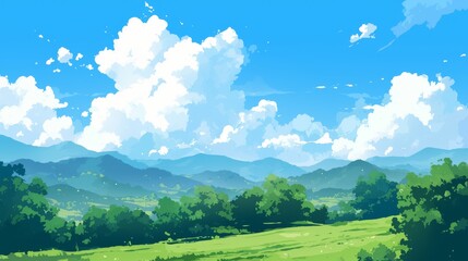 Tranquil Landscape with Lush Greenery and Fluffy Clouds