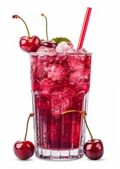 a glass of red liquid with cherries on the bottom