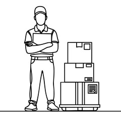Continuous one line drawing delivery man stands with thumbs-up gesture, carrying package box that the customer has ordered to be delivered safely. Single line draw design vector graphic illustration.