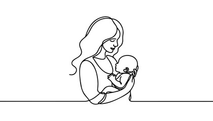Minimalistic silhouette of woman holding baby Liner drawing Vector illustration. Mother and child concept.
