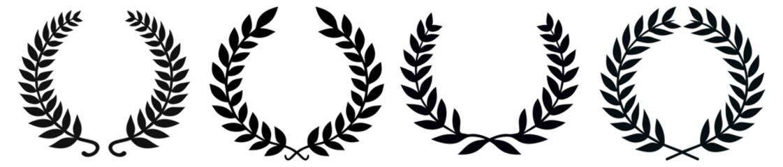 Set black silhouette circular laurel foliate, wheat and oak wreaths depicting an award, achievement, heraldry, nobility on white background. Emblem floral Greek branch flat style - stock vector.